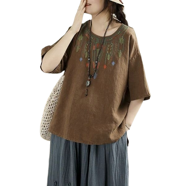 Retro Literary Cotton Embroidered Top (Plus Size Edition) Round Neck | Loose Fit | Summer Elegant Daily Wear | CDR260415A065