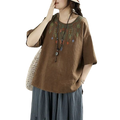 Retro Literary Cotton Embroidered Top (Plus Size Edition) Round Neck | Loose Fit | Summer Elegant Daily Wear | CDR260415A065