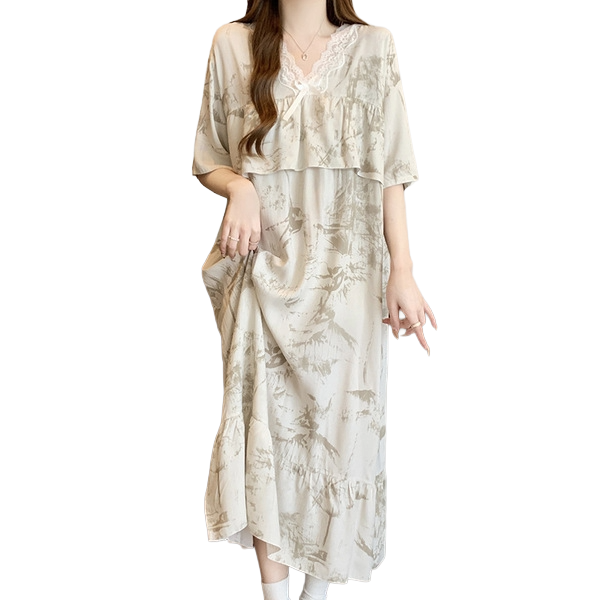 Cotton Silk Anti-Bump V-Neck Princess Long Dress (Premium Edition) Spring–Autumn &amp; Summer Wear | Elegant Flow | High-End Comfort | CLS260423A079