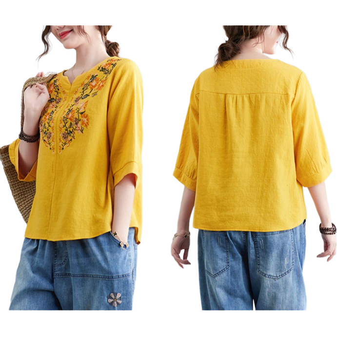 Cotton Embroidered Retro Top (Spring–Summer Edition) Slim Fit | Thin & Breathable | Simple Elegant Outer Wear | CDR260429A092