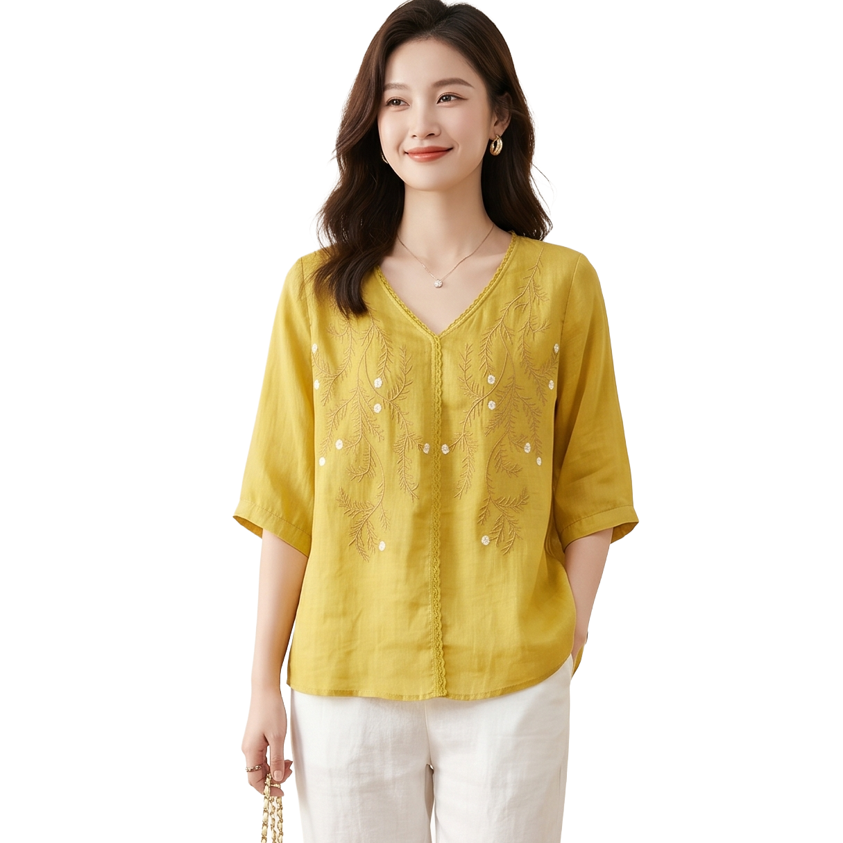 Summer Literary Cotton Slik Embroidered V-Neck Top (Elegant Edition) Three-Quarter Sleeve | Loose Thin Fit | Artistic Everyday Wear | CDR260509A113