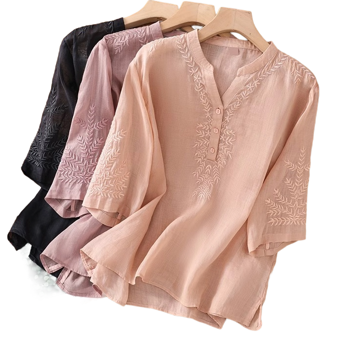 Summer Cotton Embroidered V-Neck Top (Artistic Edition) Loose Pullover | Short Sleeve | Large Size Elegant Wear | CDR260501A099