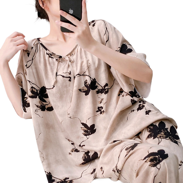Cotton Silk Ethnic Pajama Set (Plus Size Edition) Short Sleeve | Loose Thin Fit | Home + Outer Wear Comfort | CLS260501A098