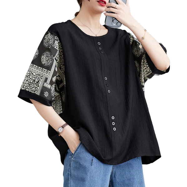 Cotton Plus Size Printed Buckle Top (Summer Edition)Loose Pullover | Half Sleeve | Stylish Daily Comfort | CDR260502A0102