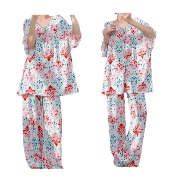 Cotton Silk Printed Pajama Set (Antique Style Edition) Two-Piece Suit | Elegant Half Sleeve | Home + Outer Wear Comfort | CLS260508A109