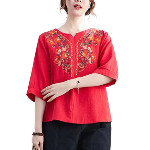 Cotton Embroidered Retro Top (Spring–Summer Edition) Slim Fit | Thin & Breathable | Simple Elegant Outer Wear | CDR260429A092
