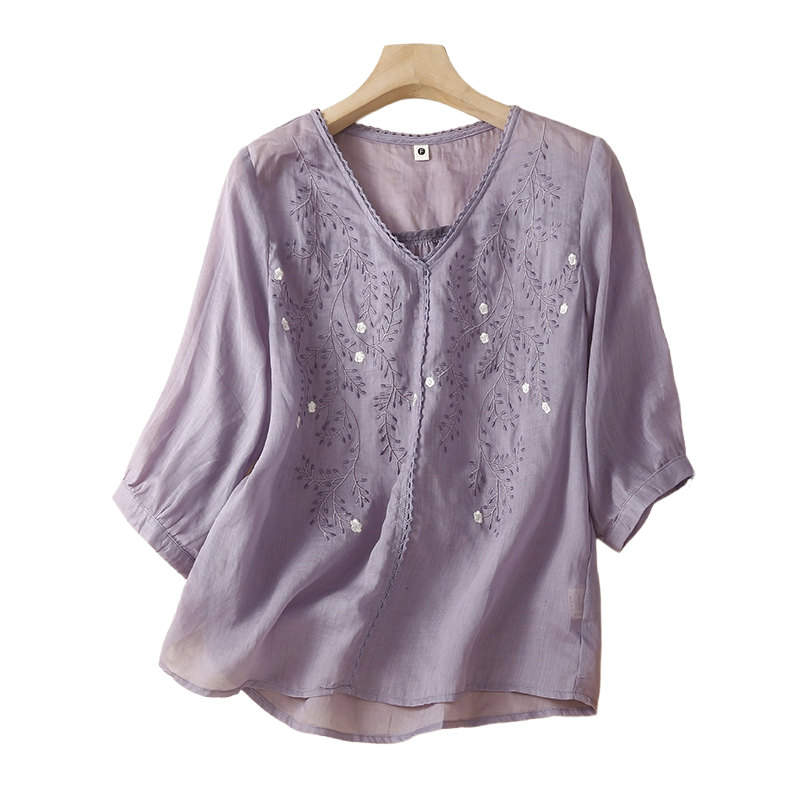 Summer Literary Cotton Slik Embroidered V-Neck Top (Elegant Edition) Three-Quarter Sleeve | Loose Thin Fit | Artistic Everyday Wear | CDR260509A113