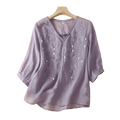 Summer Literary Cotton Slik Embroidered V-Neck Top (Elegant Edition) Three-Quarter Sleeve | Loose Thin Fit | Artistic Everyday Wear | CDR260509A113