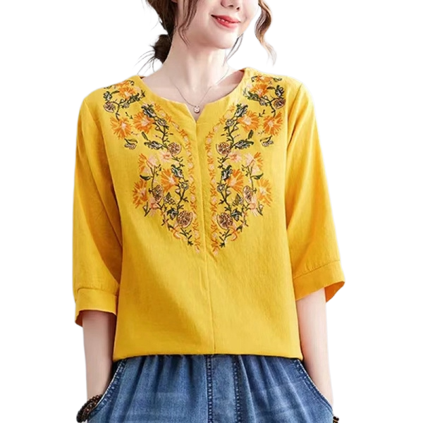Cotton Embroidered Retro Top (Spring–Summer Edition) Slim Fit | Thin & Breathable | Simple Elegant Outer Wear | CDR260429A092