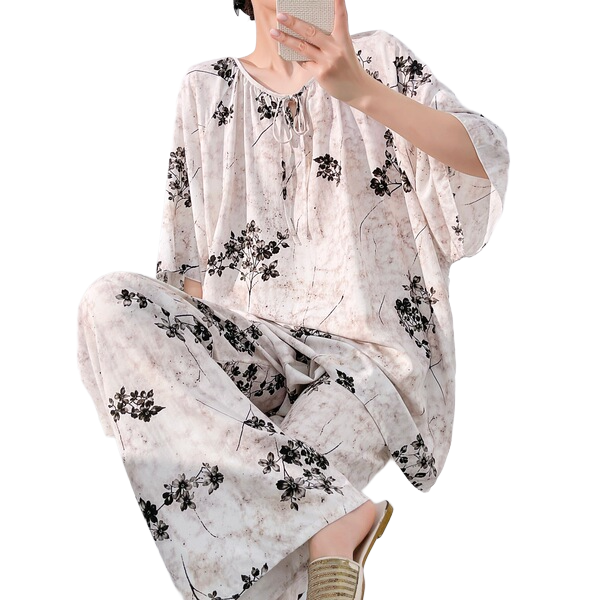 Cotton Silk Printed Pajama Set (Antique Style Edition) Two-Piece Suit | Elegant Half Sleeve | Home + Outer Wear Comfort | CLS260508A109