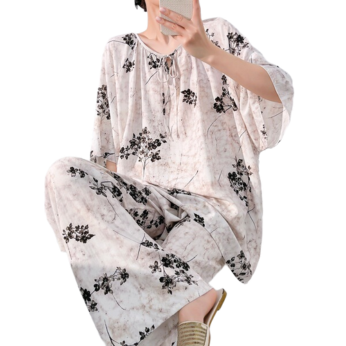 Cotton Silk Printed Pajama Set (Antique Style Edition) Two-Piece Suit | Elegant Half Sleeve | Home + Outer Wear Comfort | CLS260508A109