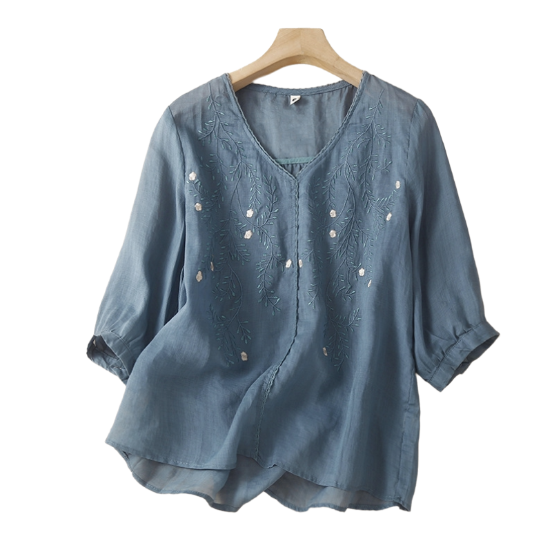 Summer Literary Cotton Slik Embroidered V-Neck Top (Elegant Edition) Three-Quarter Sleeve | Loose Thin Fit | Artistic Everyday Wear | CDR260509A113