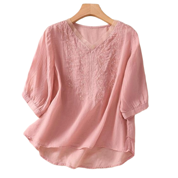 Cotton Embroidered Plus-Size Top (Belly-Cover Edition) Short Sleeve | Artistic Casual Style | Loose Comfortable Fit | CDR260506A106