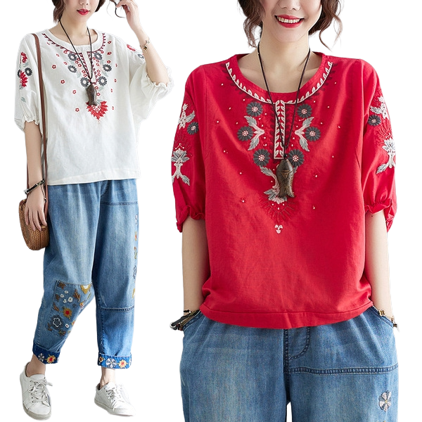 Artistic Embroidered Cotton Top (Vintage Edition) Half Sleeve | Large Size Loose Fit | Slim Look Summer Style | CDR260423A081