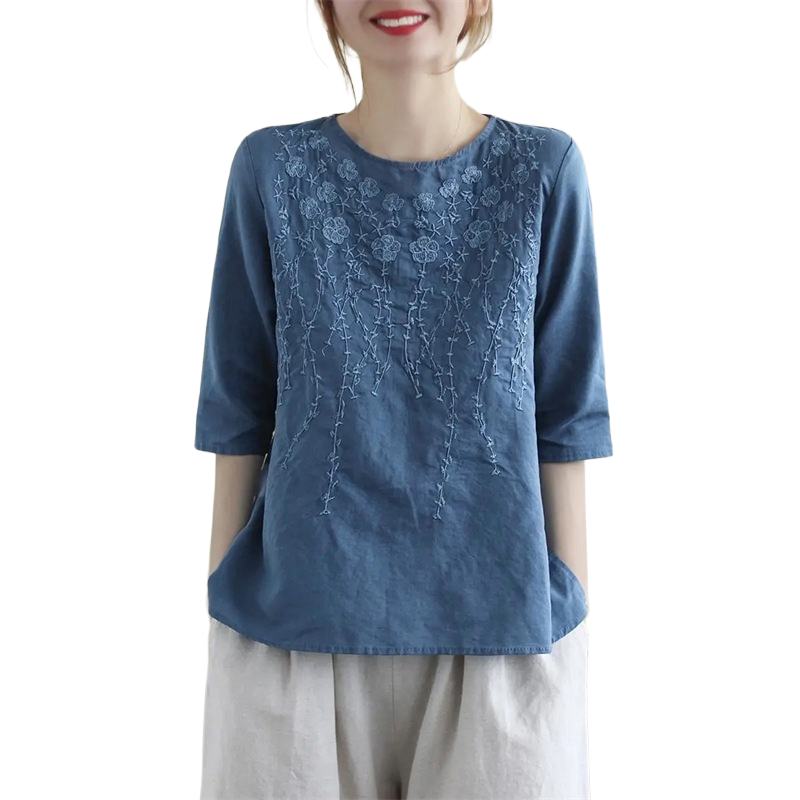 Heavy Embroidery Cotton Round Neck Top (Spring/Summer Edition) Short Sleeve | Loose Fit | Elegant Daily Comfort | CDR260417A071