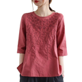 Heavy Embroidery Cotton Round Neck Top (Spring/Summer Edition) Short Sleeve | Loose Fit | Elegant Daily Comfort | CDR260417A071