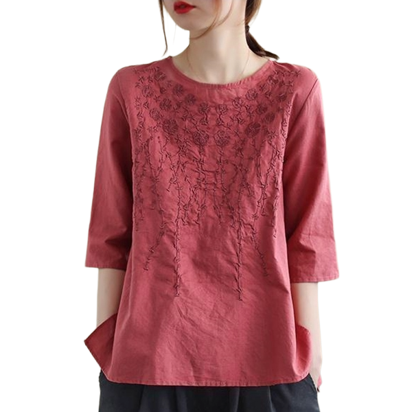 Heavy Embroidery Cotton Round Neck Top (Spring/Summer Edition) Short Sleeve | Loose Fit | Elegant Daily Comfort | CDR260417A071