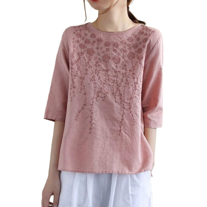 Heavy Embroidery Cotton Round Neck Top (Spring/Summer Edition) Short Sleeve | Loose Fit | Elegant Daily Comfort | CDR260417A071