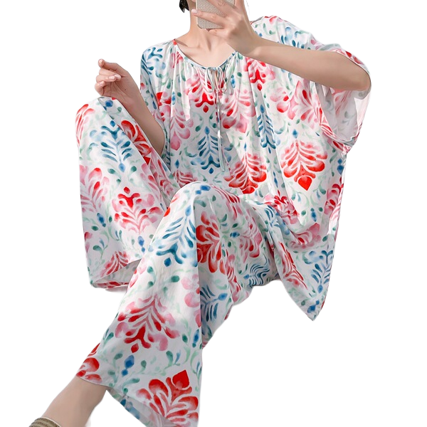 Cotton Silk Printed Pajama Set (Antique Style Edition) Two-Piece Suit | Elegant Half Sleeve | Home + Outer Wear Comfort | CLS260508A109