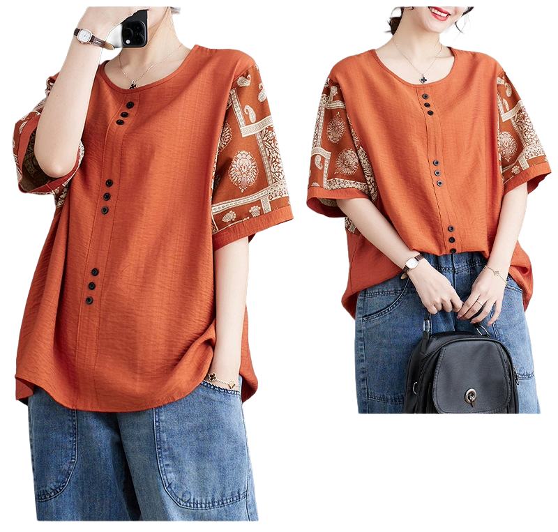 Cotton Plus Size Printed Buckle Top (Summer Edition)Loose Pullover | Half Sleeve | Stylish Daily Comfort | CDR260502A0102