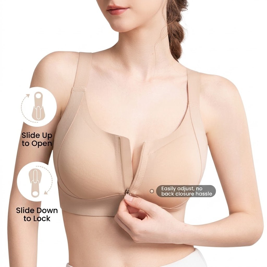 LEVA Front-Opening Zipper Fixed Cup Bra | Cup B/C/D | Comfortable Lift | Breathable Wire-Free Bra | CB260804A268