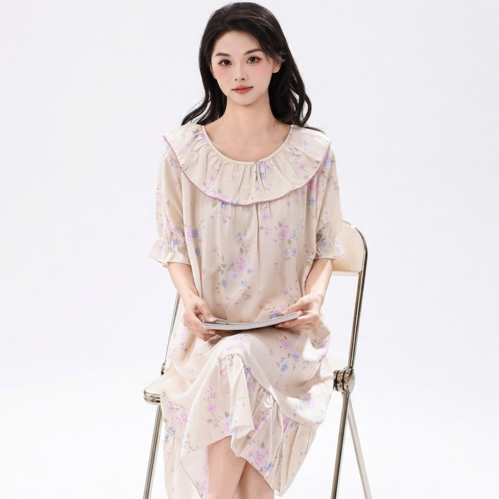 Cotton Silk Lyocell Women's Loose Dress | Round Neck | Plus Size | Ruffle Design | Home & Outdoor | Spring & Summer Wear | CLS260723A218