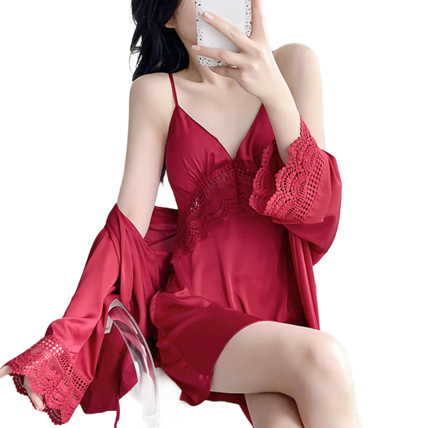 Ice Silk Nightgown Lace Sling Set with Chest Pad (Beautiful Back Edition) Long Sleeve | Built-In Support | Elegant Home Comfort | ISNG260510A117