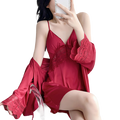 Ice Silk Nightgown Lace Sling Set with Chest Pad (Beautiful Back Edition) Long Sleeve | Built-In Support | Elegant Home Comfort | ISNG260510A117