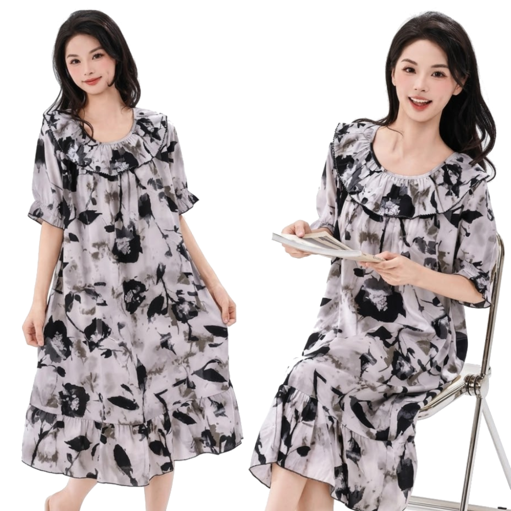 Cotton Silk Lyocell Women's Loose Dress | Round Neck | Plus Size | Ruffle Design | Home & Outdoor | Spring & Summer Wear | CLS260723A218