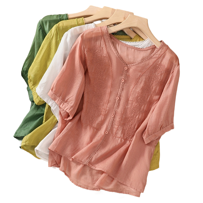 Literary Embroidered V-Neck Top (Summer Edition) Loose Fit | Short Sleeve | Elegant Artistic Daily Wear | CDR260511A119