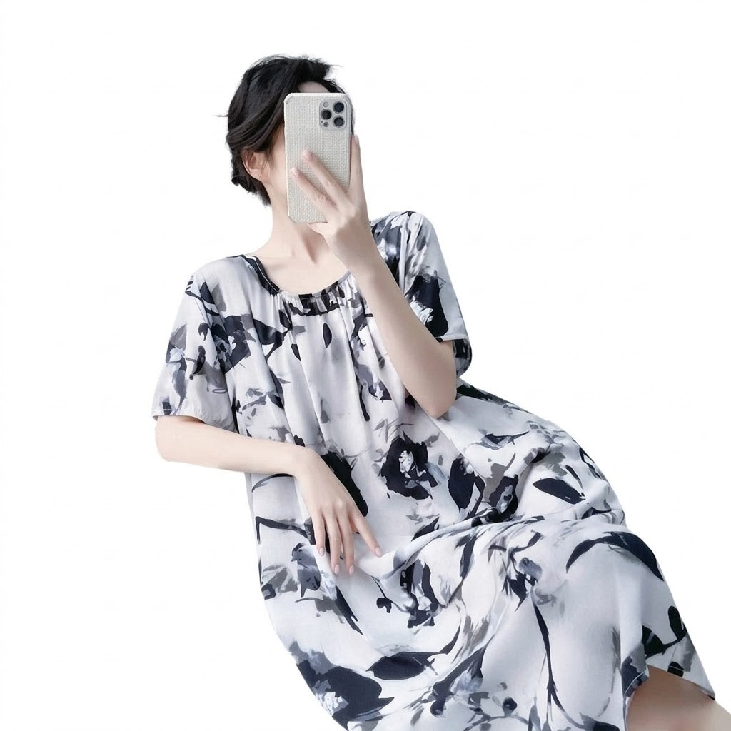 Cotton Silk Loose-Fit Casual Dress | Double-Pocket Short-Sleeved Casual Home & Outdoor Wear | CLS261022A425