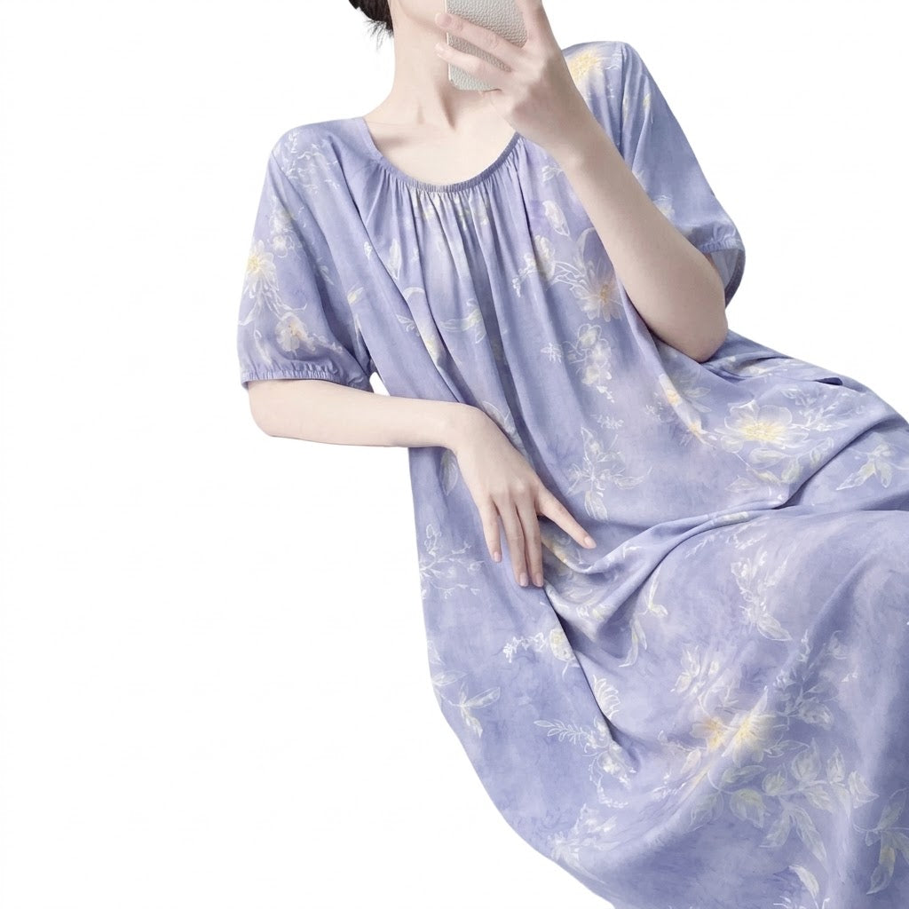 Cotton Silk Loose-Fit Casual Dress | Double-Pocket Short-Sleeved Casual Home & Outdoor Wear | CLS261022A425