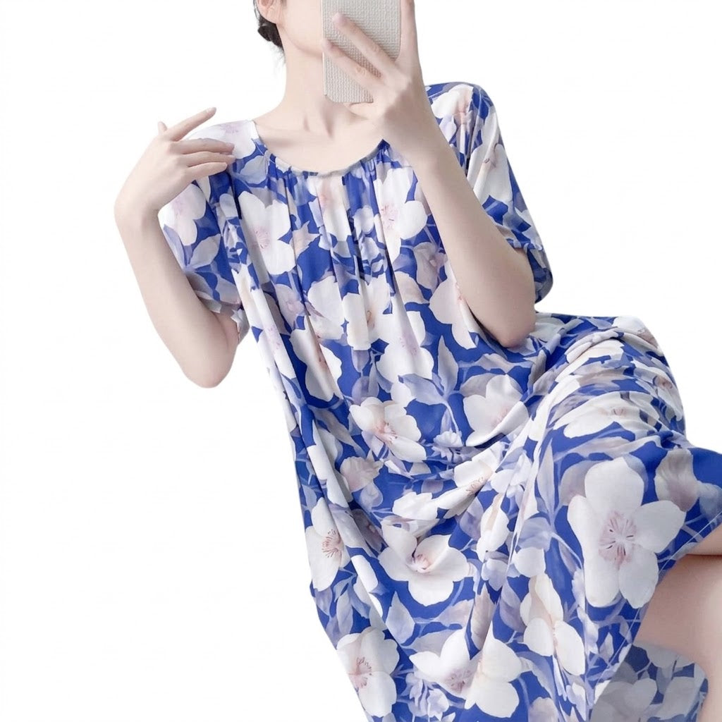 Cotton Silk Loose-Fit Casual Dress | Double-Pocket Short-Sleeved Casual Home & Outdoor Wear | CLS261022A425