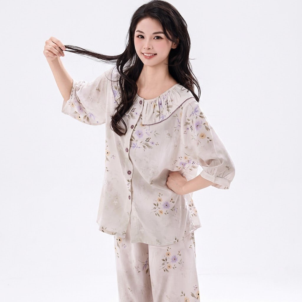 Cotton Silk Pajama Set With Style Print | Loose Fit | Mid-Sleeve & Long Pants | Home & Outdoor Wear | CLS260724A242