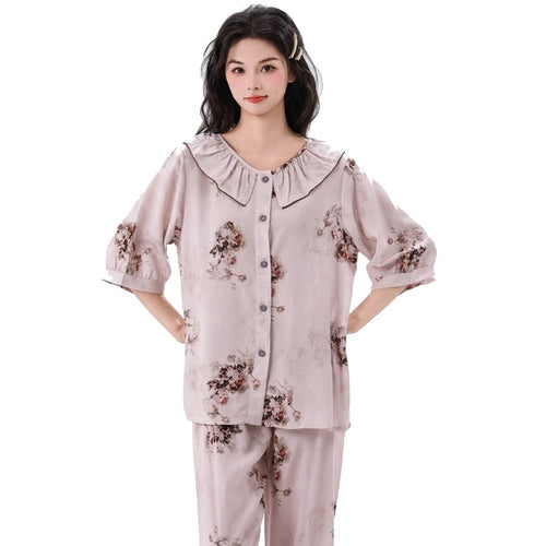 Cotton Silk Pajama Set With Style Print | Loose Fit | Mid-Sleeve & Long Pants | Home & Outdoor Wear | CLS260724A242