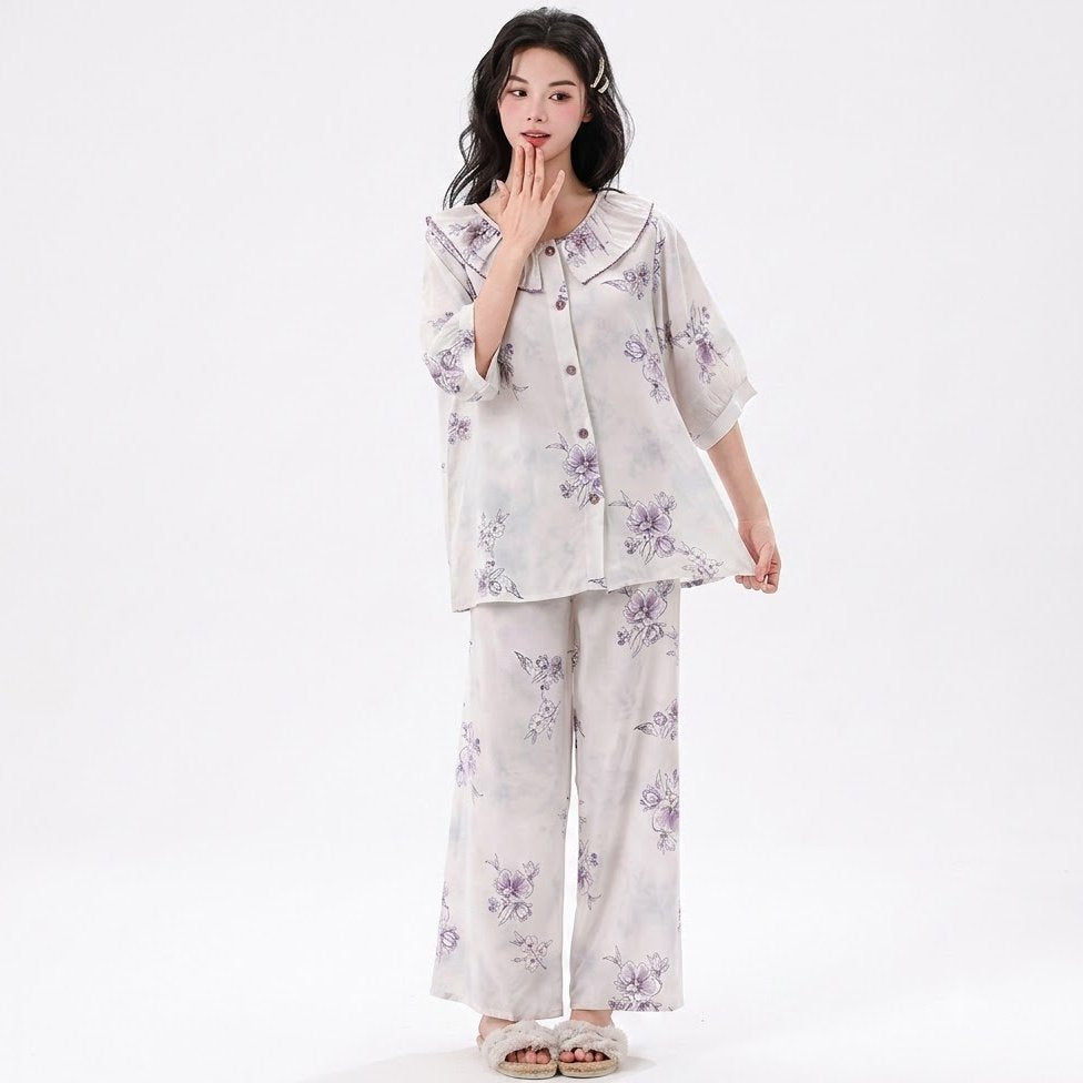 Cotton Silk Pajama Set With Style Print | Loose Fit | Mid-Sleeve & Long Pants | Home & Outdoor Wear | CLS260724A242