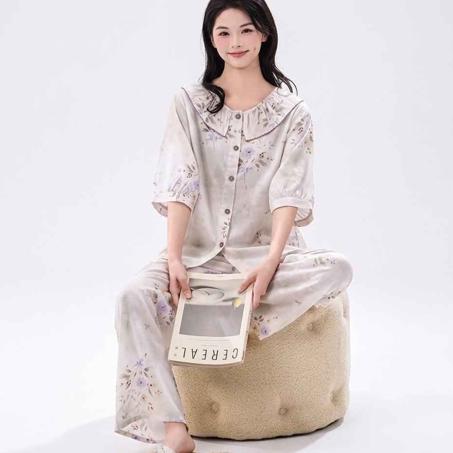 Cotton Silk Pajama Set With Style Print | Loose Fit | Mid-Sleeve & Long Pants | Home & Outdoor Wear | CLS260724A242