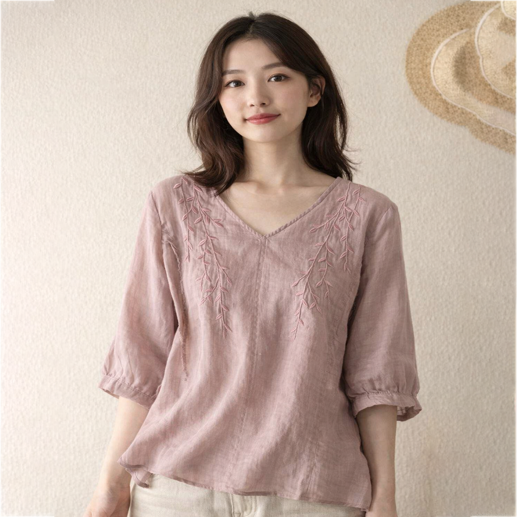 Summer Embroidered Cotton Retro Top (Chinese Style) Loose Elegant Fit | Three-Quarter Sleeve | Artistic Casual Wear | CDR2603261019