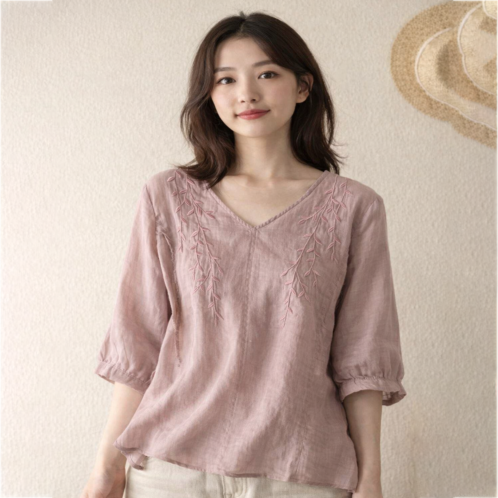 Summer Embroidered Cotton Retro Top (Chinese Style) Loose Elegant Fit | Three-Quarter Sleeve | Artistic Casual Wear | CDR2603261019