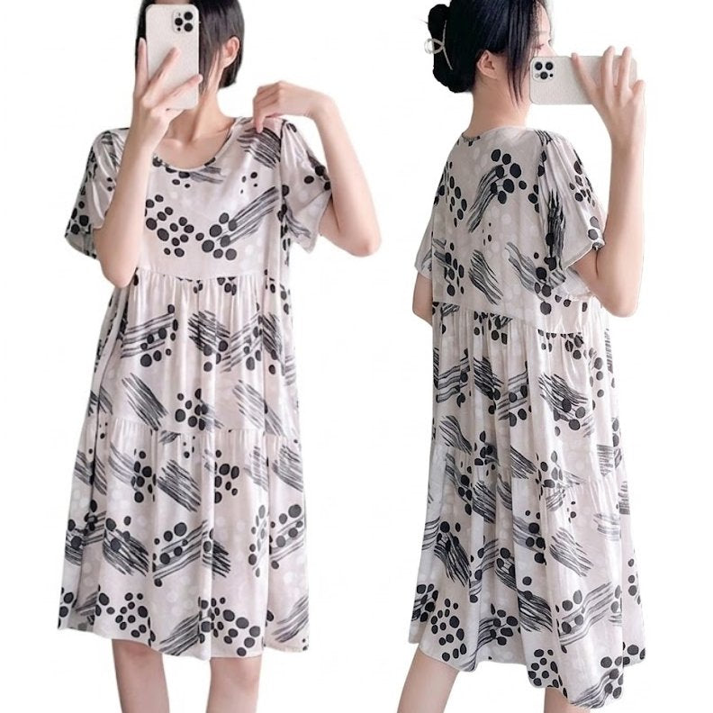 Cotton Silk Summer Short-Sleeved Dress | Loose Plus Size | Rayon Home And Outerwear | CLS260807A274