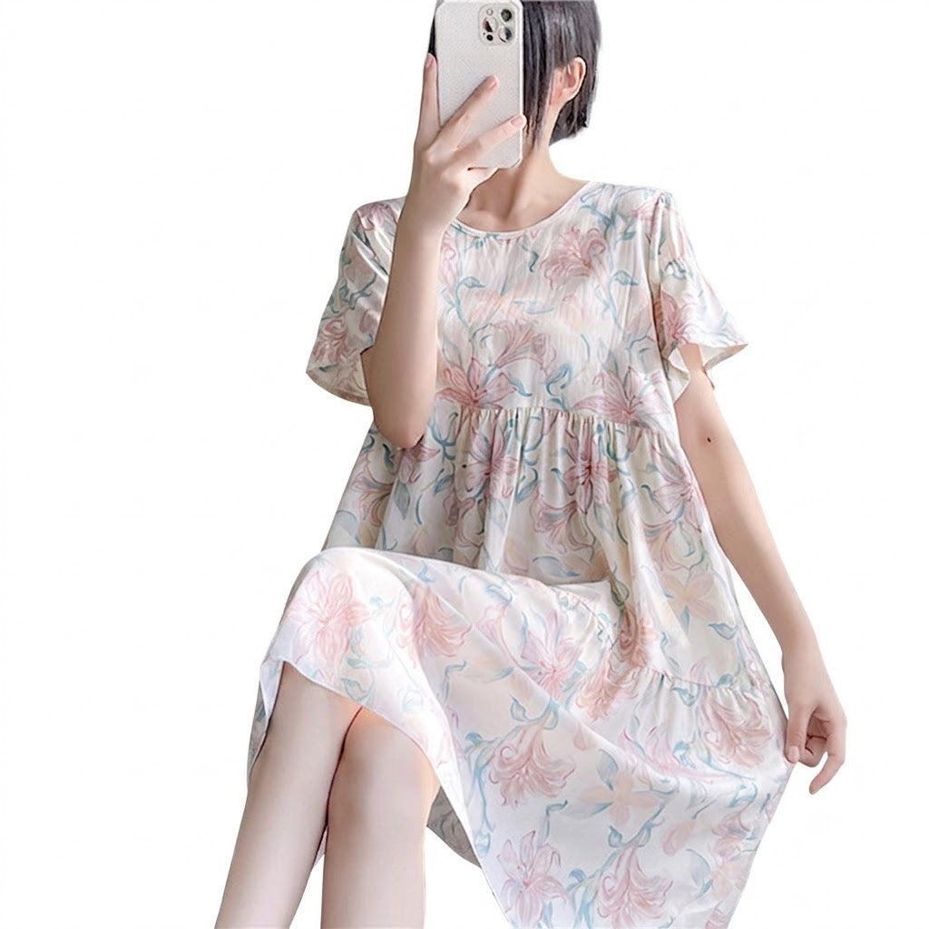 Cotton Silk Summer Short-Sleeved Dress | Loose Plus Size | Rayon Home And Outerwear | CLS260807A274