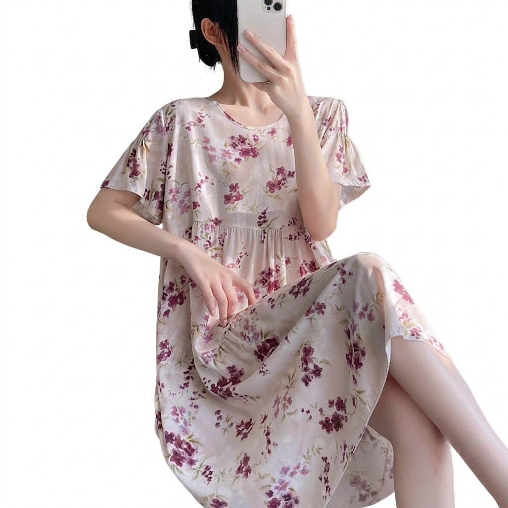 Cotton Silk Summer Short-Sleeved Dress | Loose Plus Size | Rayon Home And Outerwear | CLS260807A274