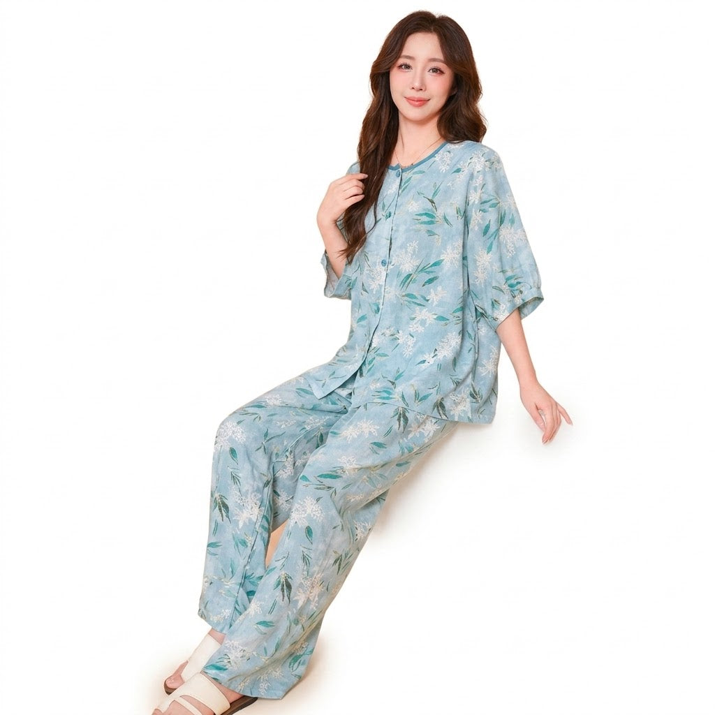 Cotton Silk Cardigan Style Floral Pajamas Set | Two-Piece Loungewear | Everyday Comfort Wear | Home & Outer Wear | CLS260824A332
