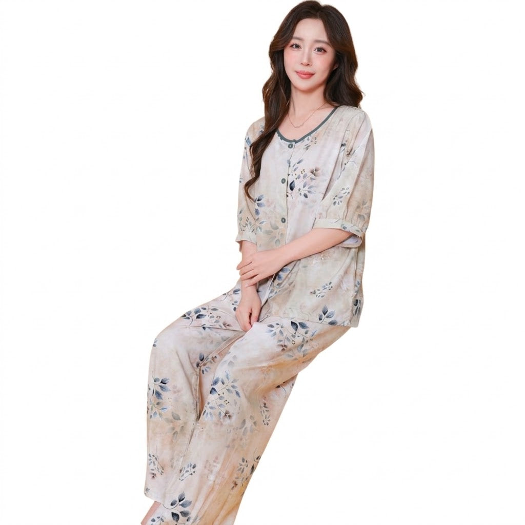 Cotton Silk Cardigan Style Floral Pajamas Set | Two-Piece Loungewear | Everyday Comfort Wear | Home & Outer Wear | CLS260824A332