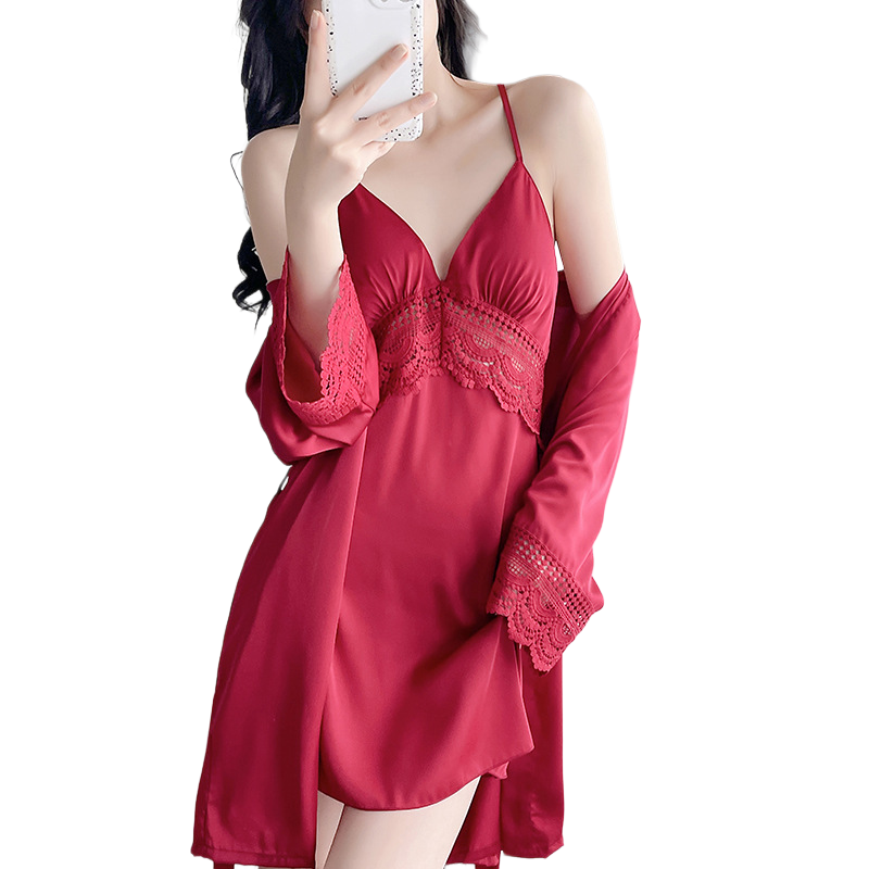 Ice Silk Nightgown Lace Sling Set with Chest Pad (Beautiful Back Edition) Long Sleeve | Built-In Support | Elegant Home Comfort | ISNG260510A117
